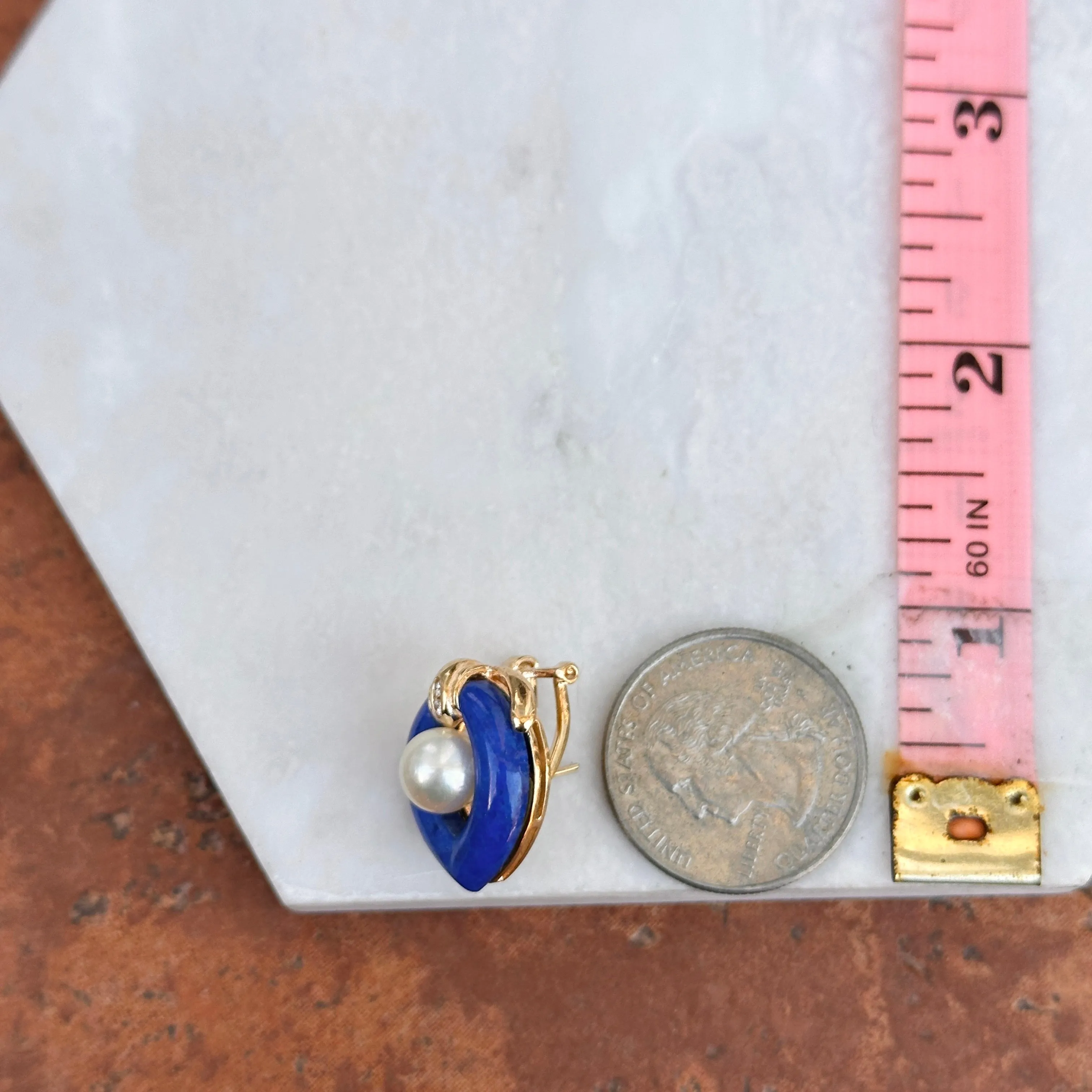 Estate 14KT Yellow Gold Blue Lapis, Pearl   Diamond Earrings