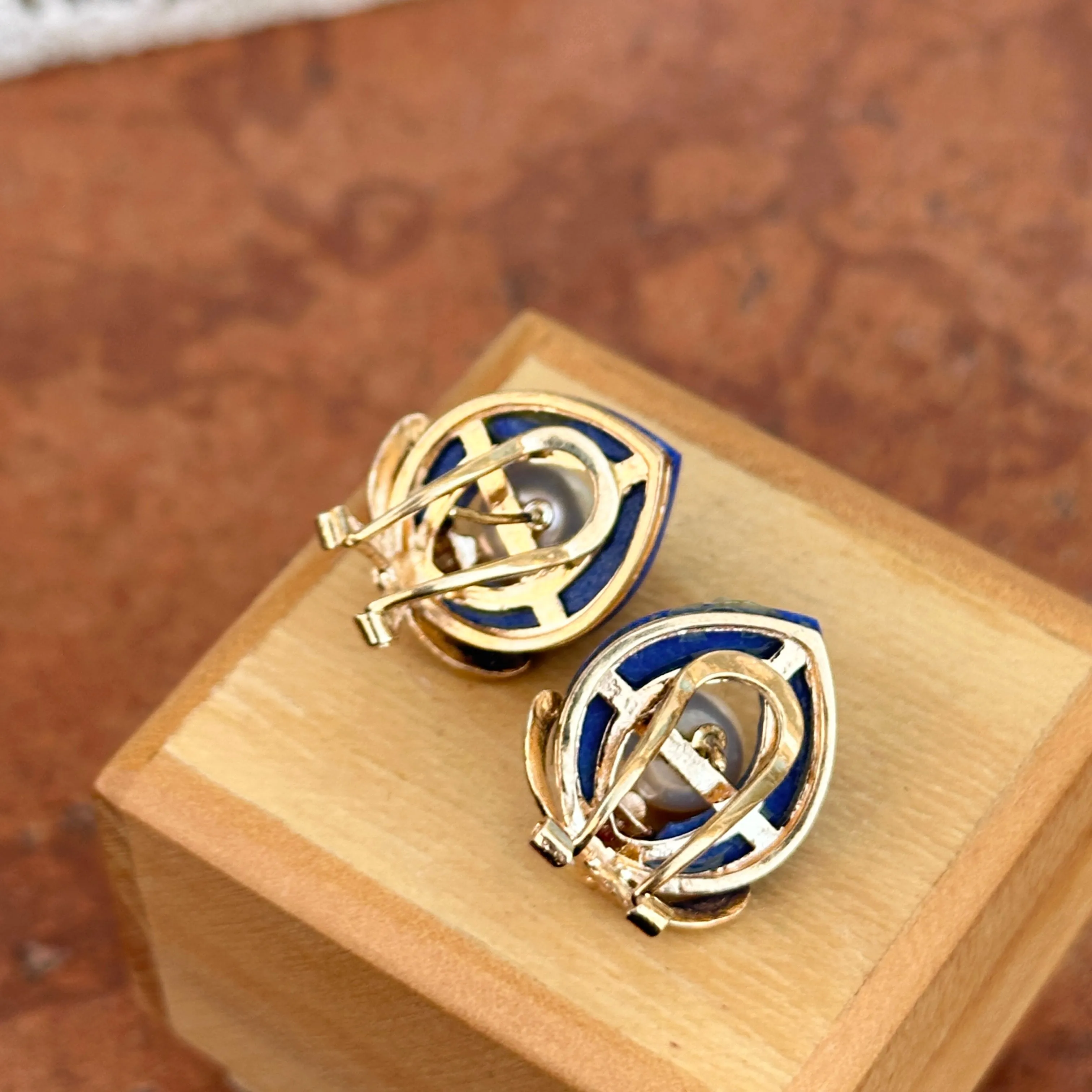 Estate 14KT Yellow Gold Blue Lapis, Pearl   Diamond Earrings