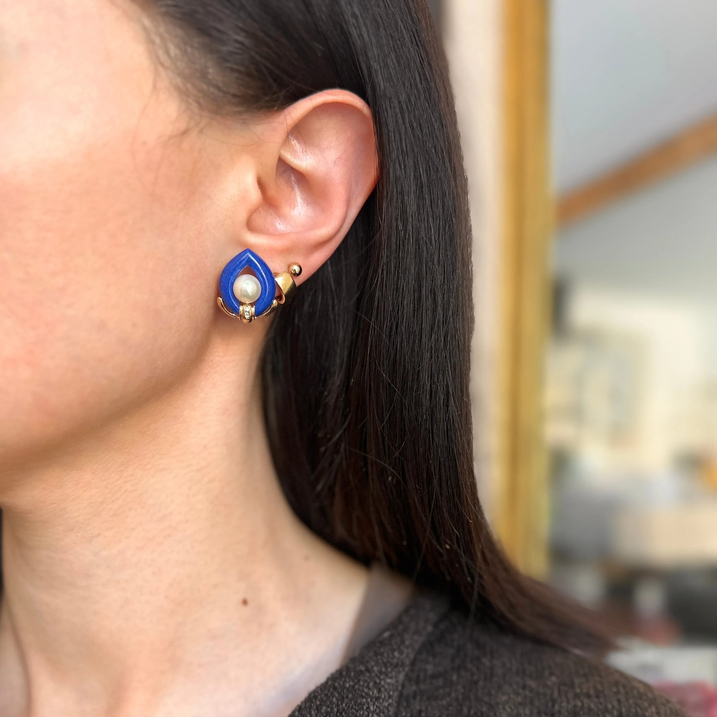 Estate 14KT Yellow Gold Blue Lapis, Pearl   Diamond Earrings