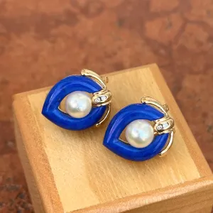 Estate 14KT Yellow Gold Blue Lapis, Pearl   Diamond Earrings