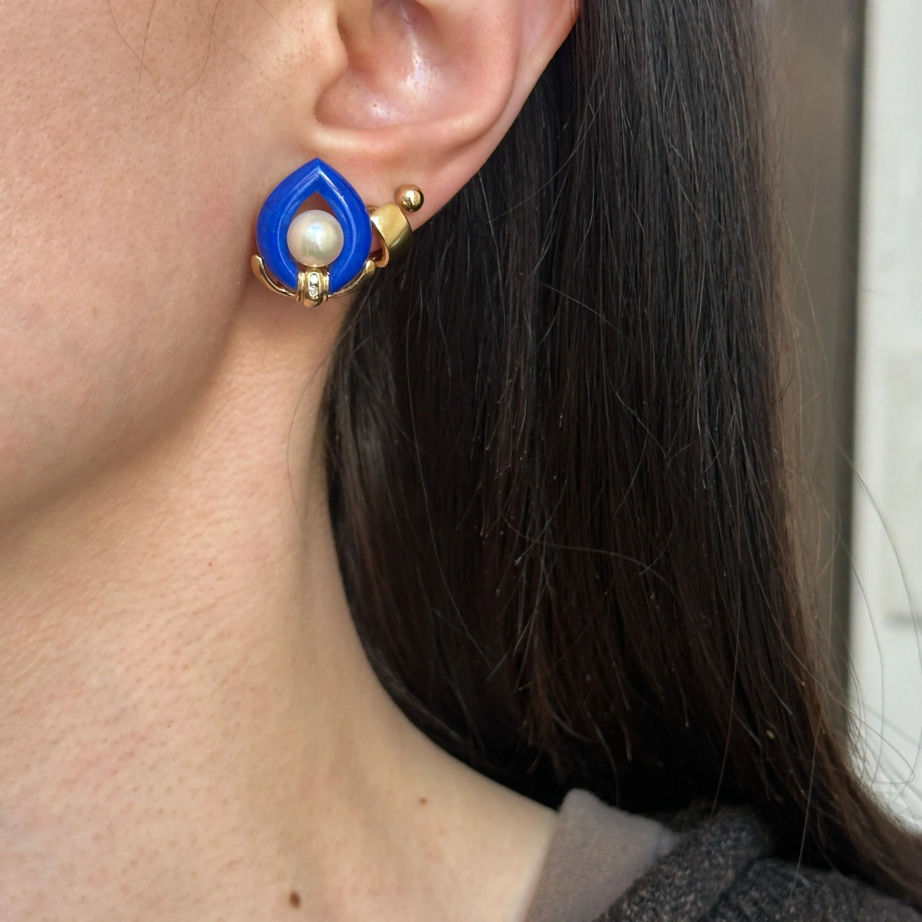Estate 14KT Yellow Gold Blue Lapis, Pearl   Diamond Earrings