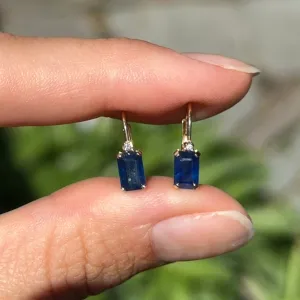 Estate 14KT Yellow Gold Emerald-Cut Blue Sapphire   Diamond Lever Back Earrings
