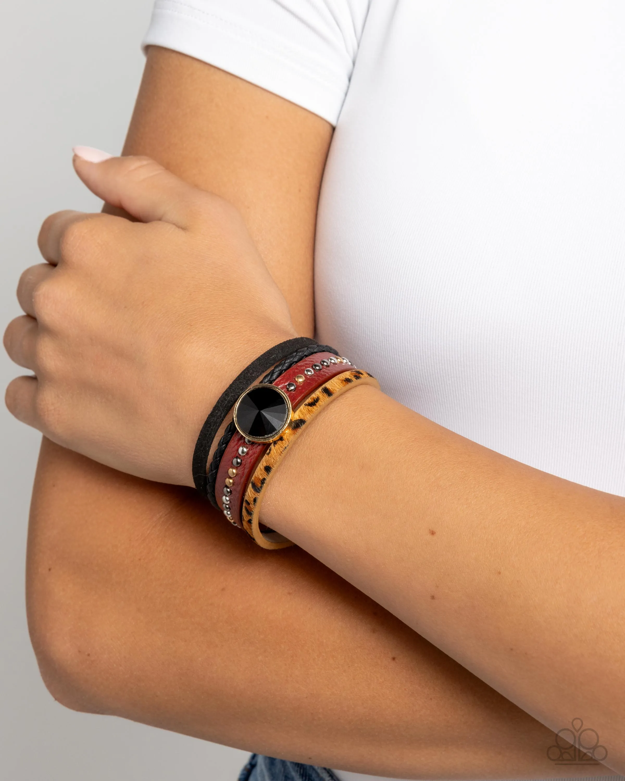 Fair LEATHER - Red - Cheetah Leather Black Gem Paparazzi Lobster Claw Bracelet - October 2024 Possible Pop-Up Shop Exclusive