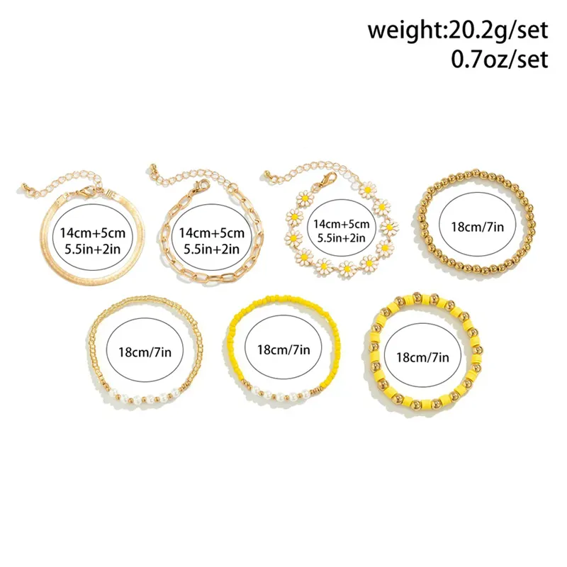 Fashion 7pcs/Set Daisy Imitation Pearl Snake Chain Bracelets