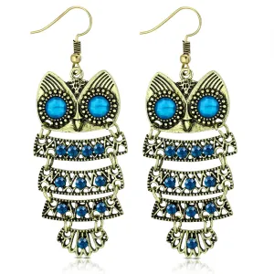Fashion Alloy Yellow Gold-Tone Blue CZ Drop Dangle Owl Statement Earrings
