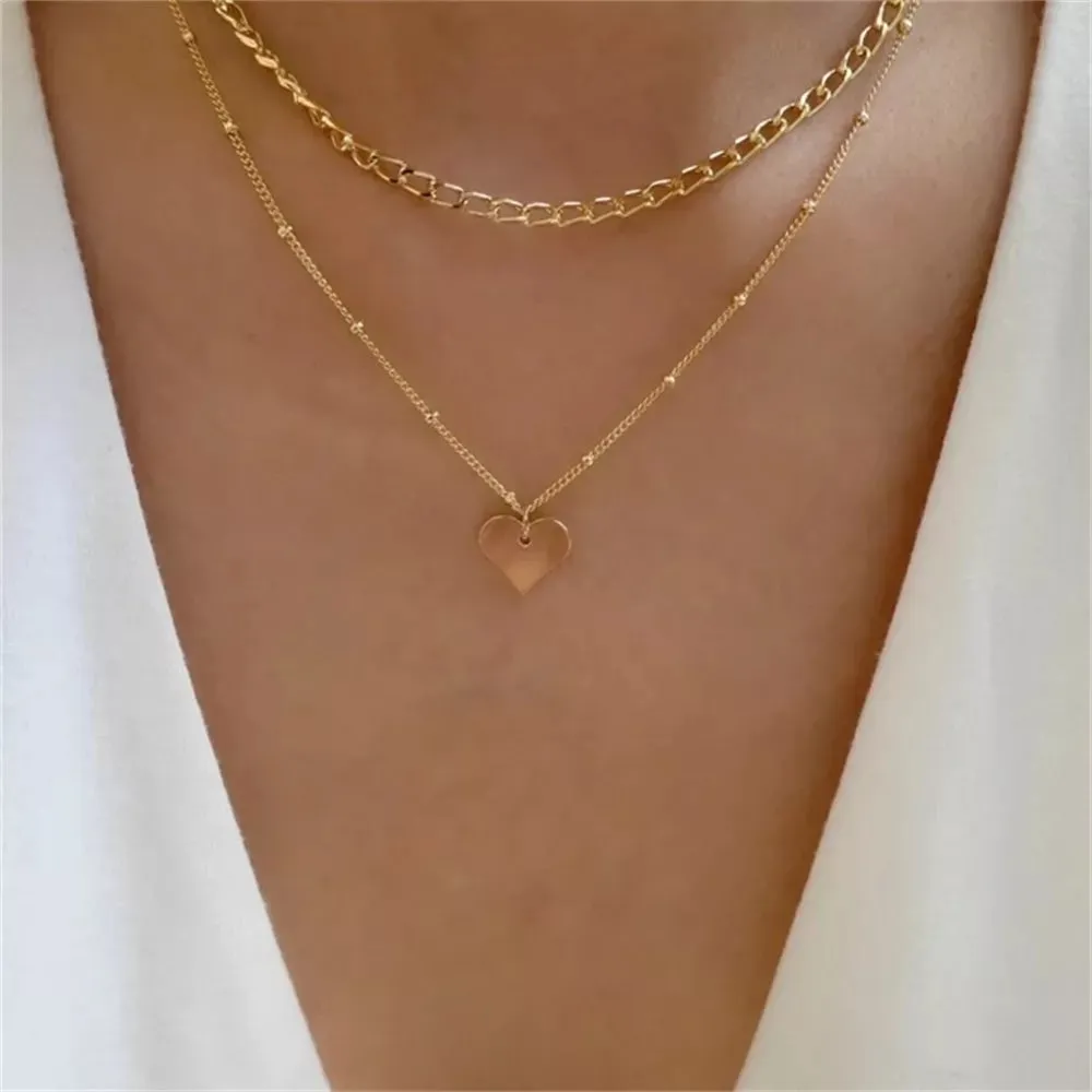 Fashion Gold Color Heart-Shaped Necklace For Women Trendy Multi-Layer Pendant Necklaces Set Jewelry Gifts