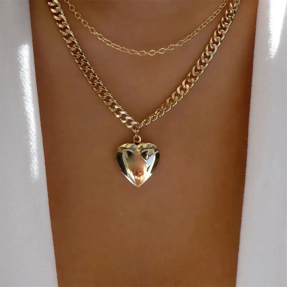 Fashion Gold Color Heart-Shaped Necklace For Women Trendy Multi-Layer Pendant Necklaces Set Jewelry Gifts