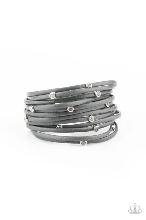 Fearlessly Layered - Silver - White Rhinestone Studded Gray Leather Paparazzi Magnetic Bracelet
