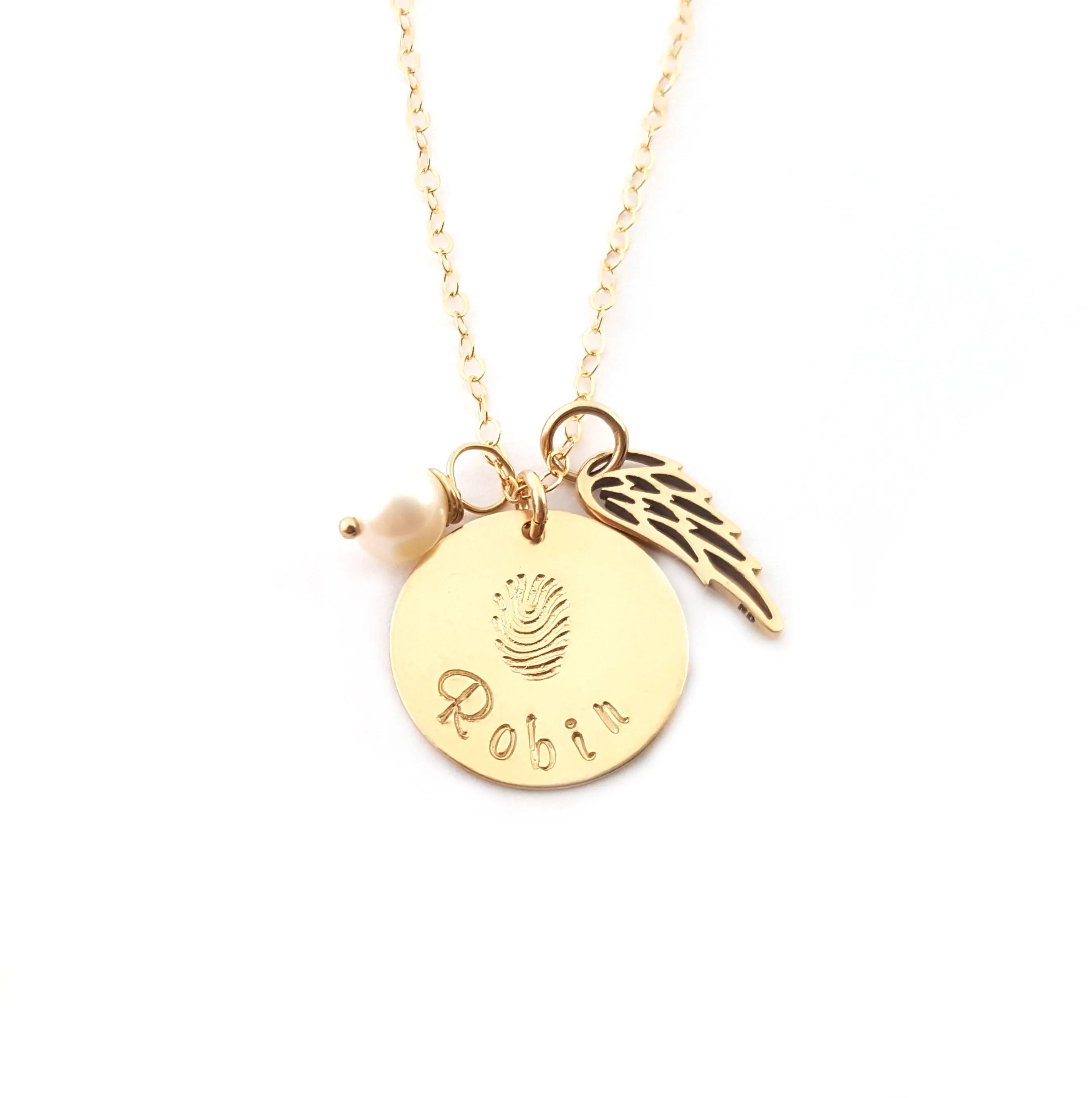 Fingerprint Custom Name Disc Memorial Angel Wing Necklace - 14k Gold Filled Jewelry - Personalized Necklace - Gift For Her