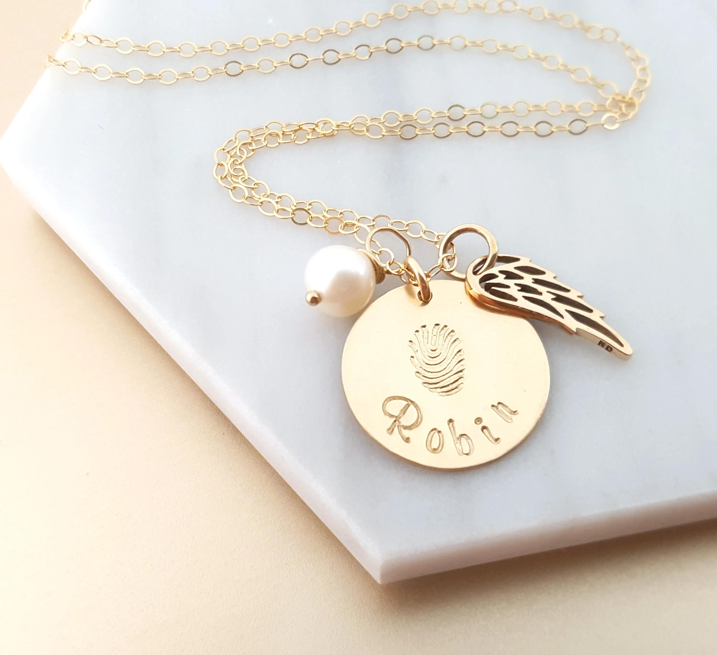 Fingerprint Custom Name Disc Memorial Angel Wing Necklace - 14k Gold Filled Jewelry - Personalized Necklace - Gift For Her
