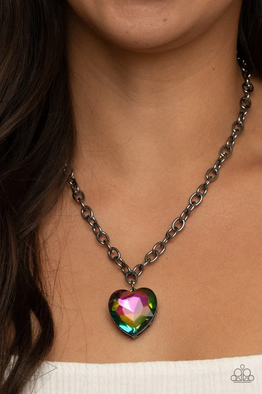 Flirtatiously Flashy - Multi - Oil Spill Heart Gem Paparazzi Short Necklace - Pink Diamond Exclusive