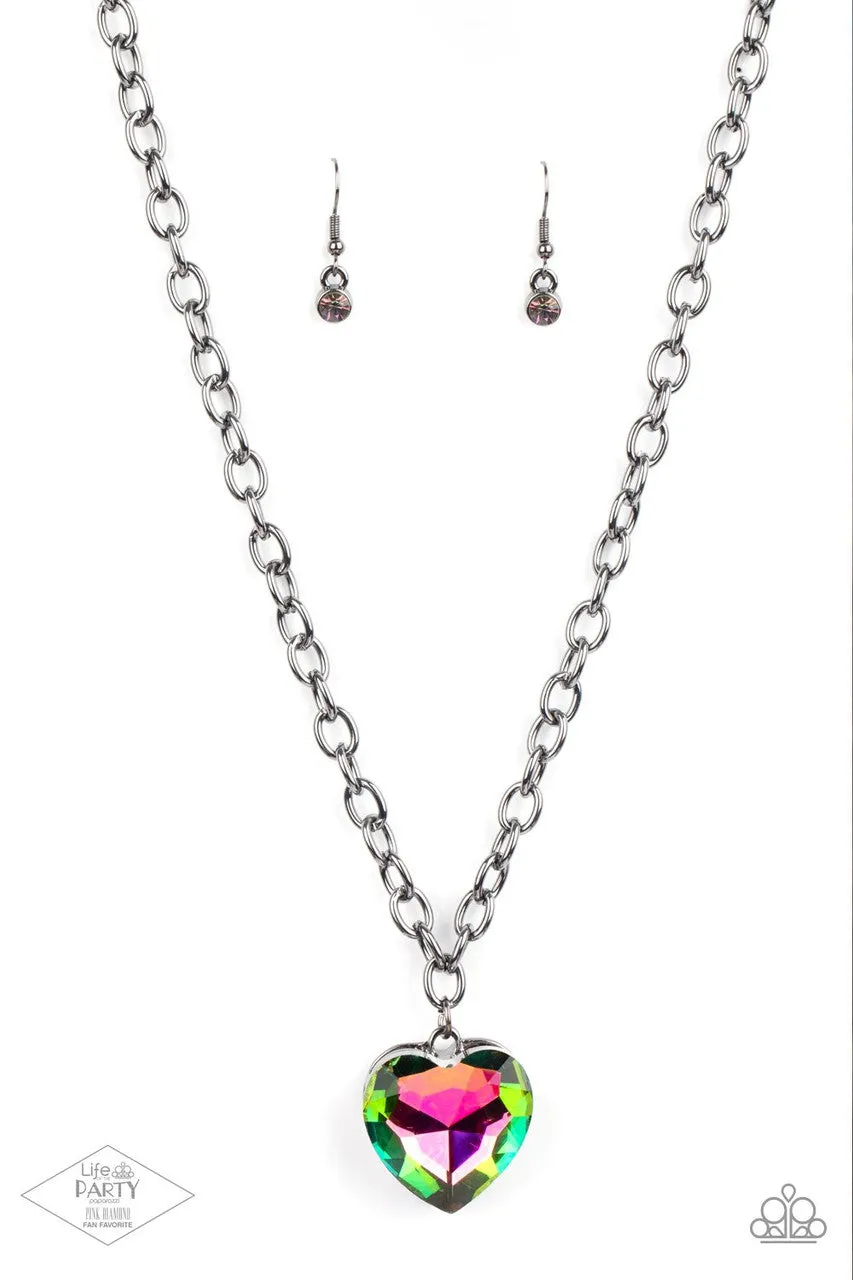 Flirtatiously Flashy - Multi - Oil Spill Heart Gem Paparazzi Short Necklace - Pink Diamond Exclusive