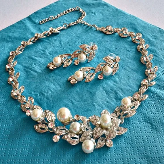 Floral Leaves Pearl Rhinestone Bridal Jewelry Set. Wedding Jewelry Set. Pearl Crystal Wedding Necklace Earrings Set. Vintage Wedding Jewelry