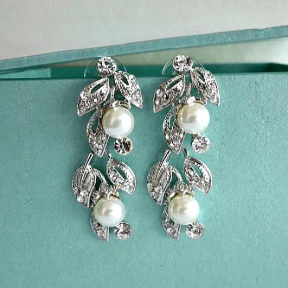 Floral Leaves Pearl Rhinestone Bridal Jewelry Set. Wedding Jewelry Set. Pearl Crystal Wedding Necklace Earrings Set. Vintage Wedding Jewelry