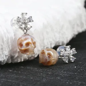 Floral Pear Cut Pearl Skull Dangle Earrings