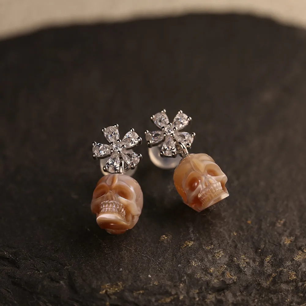 Floral Pear Cut Pearl Skull Dangle Earrings