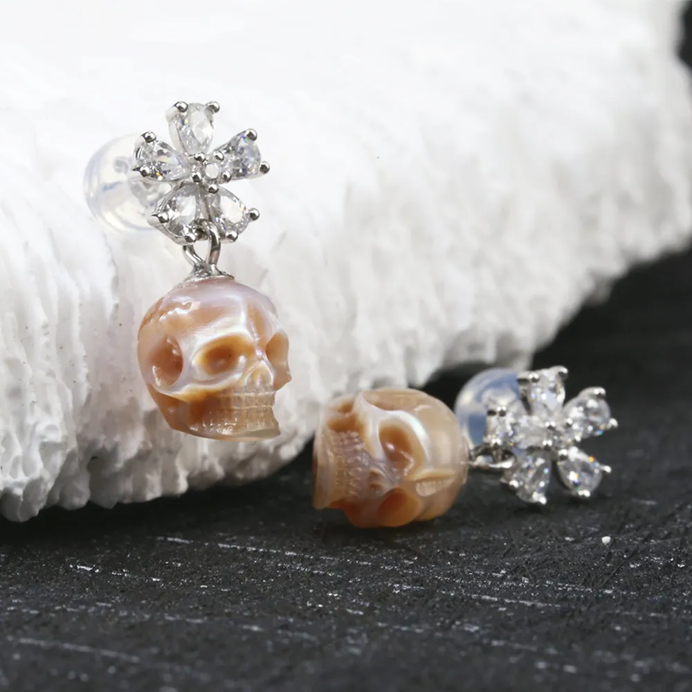Floral Pear Cut Pearl Skull Dangle Earrings