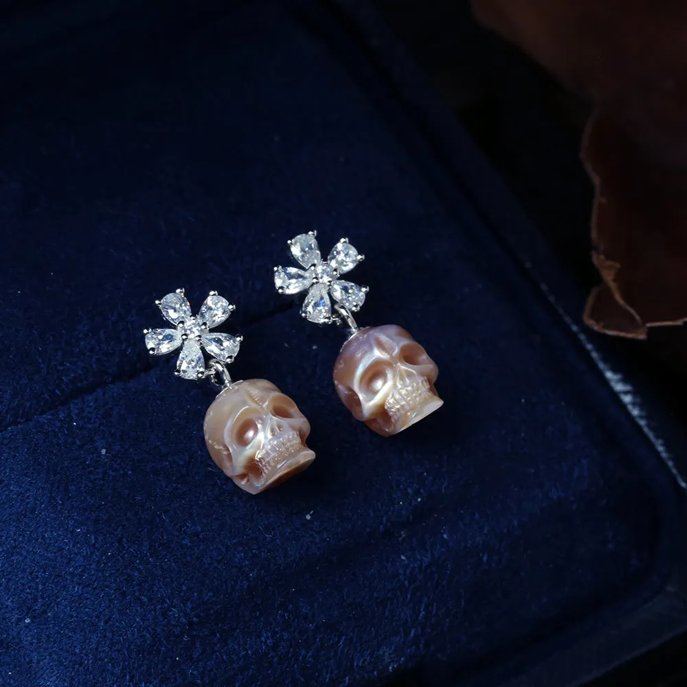 Floral Pear Cut Pearl Skull Dangle Earrings