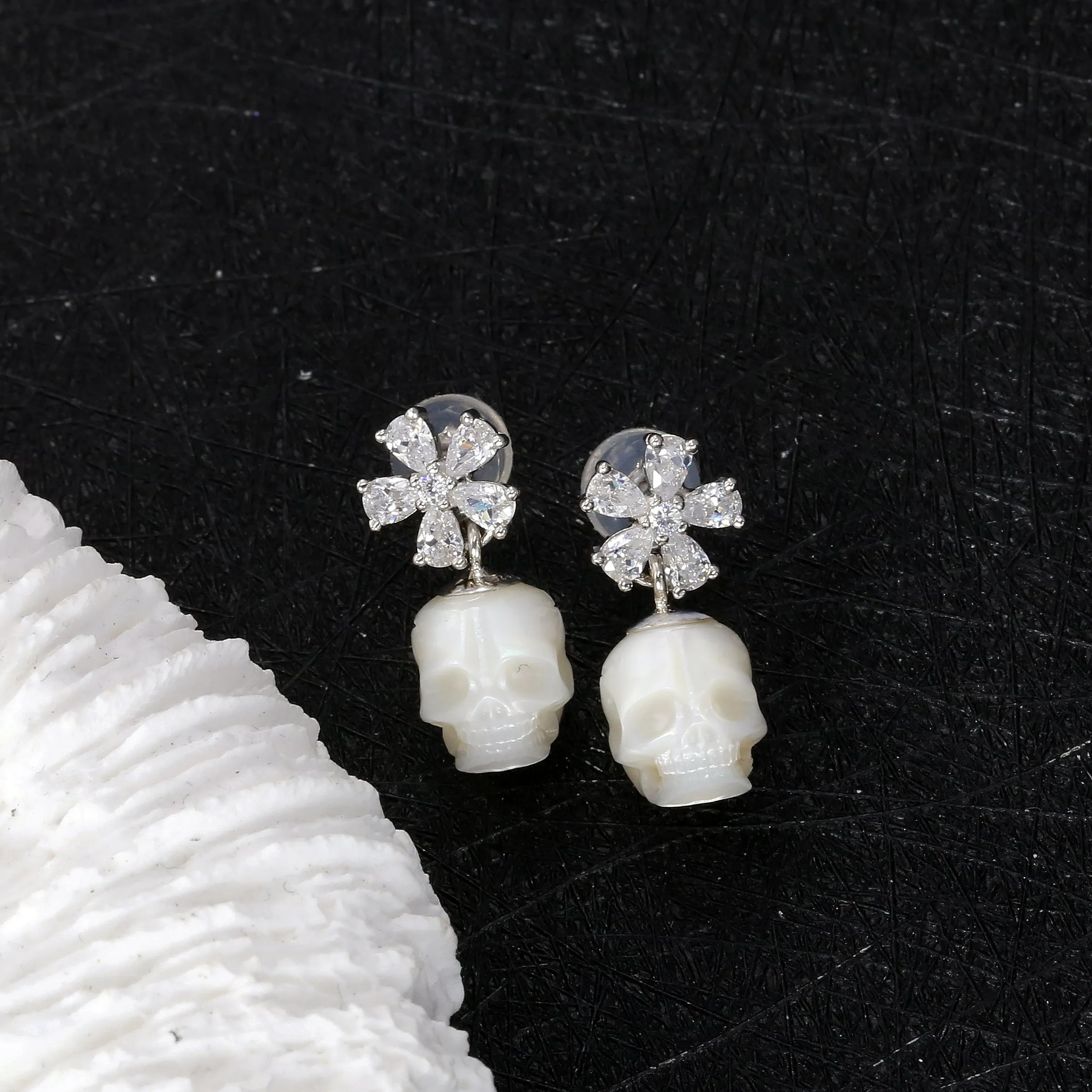 Floral Pear Cut Pearl Skull Dangle Earrings