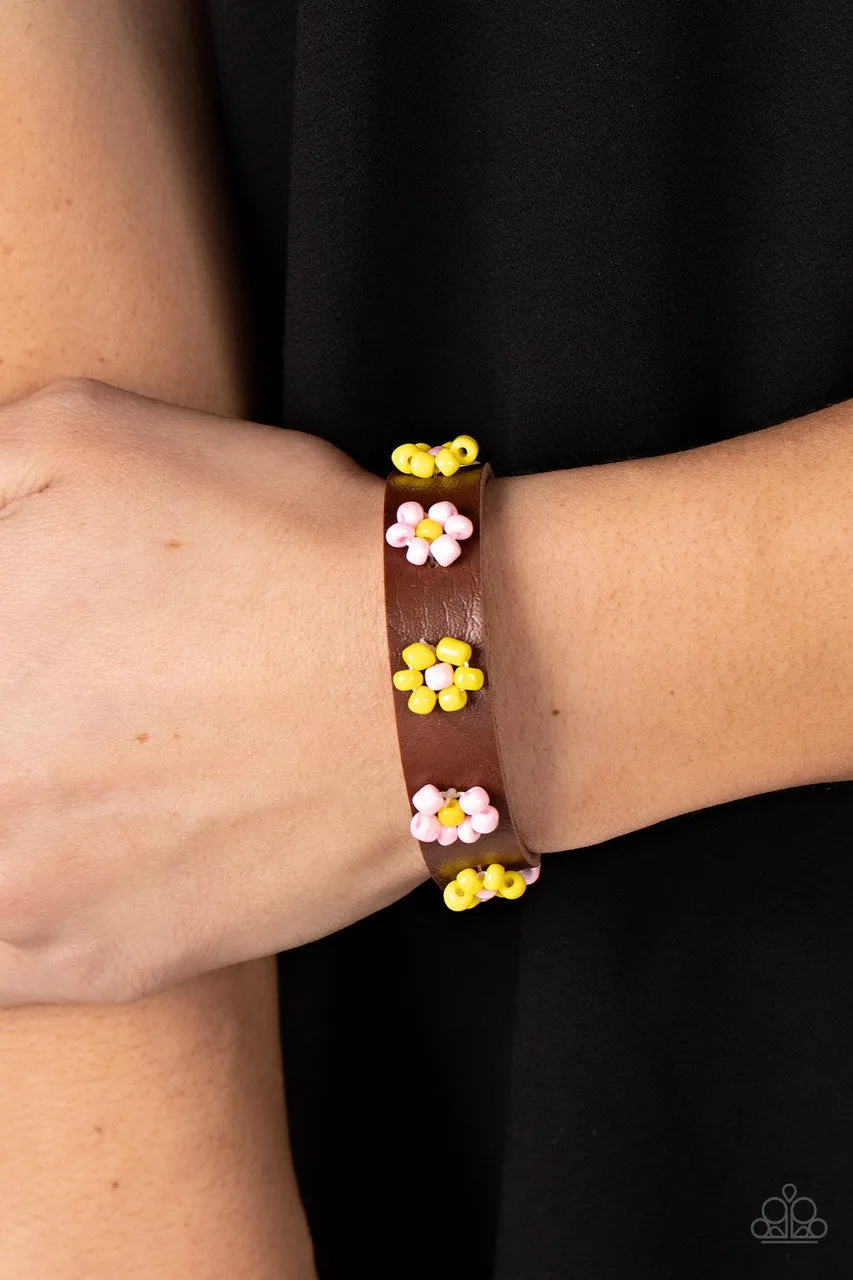 Flowery Frontier - Pink - and Yellow Beaded Flower Brown Leather Paparazzi Pull-Cord Bracelet