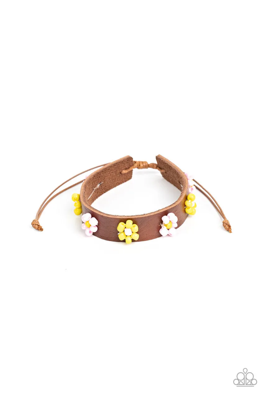 Flowery Frontier - Pink - and Yellow Beaded Flower Brown Leather Paparazzi Pull-Cord Bracelet