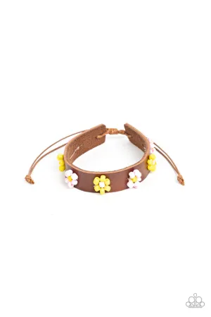 Flowery Frontier - Pink - and Yellow Beaded Flower Brown Leather Paparazzi Pull-Cord Bracelet