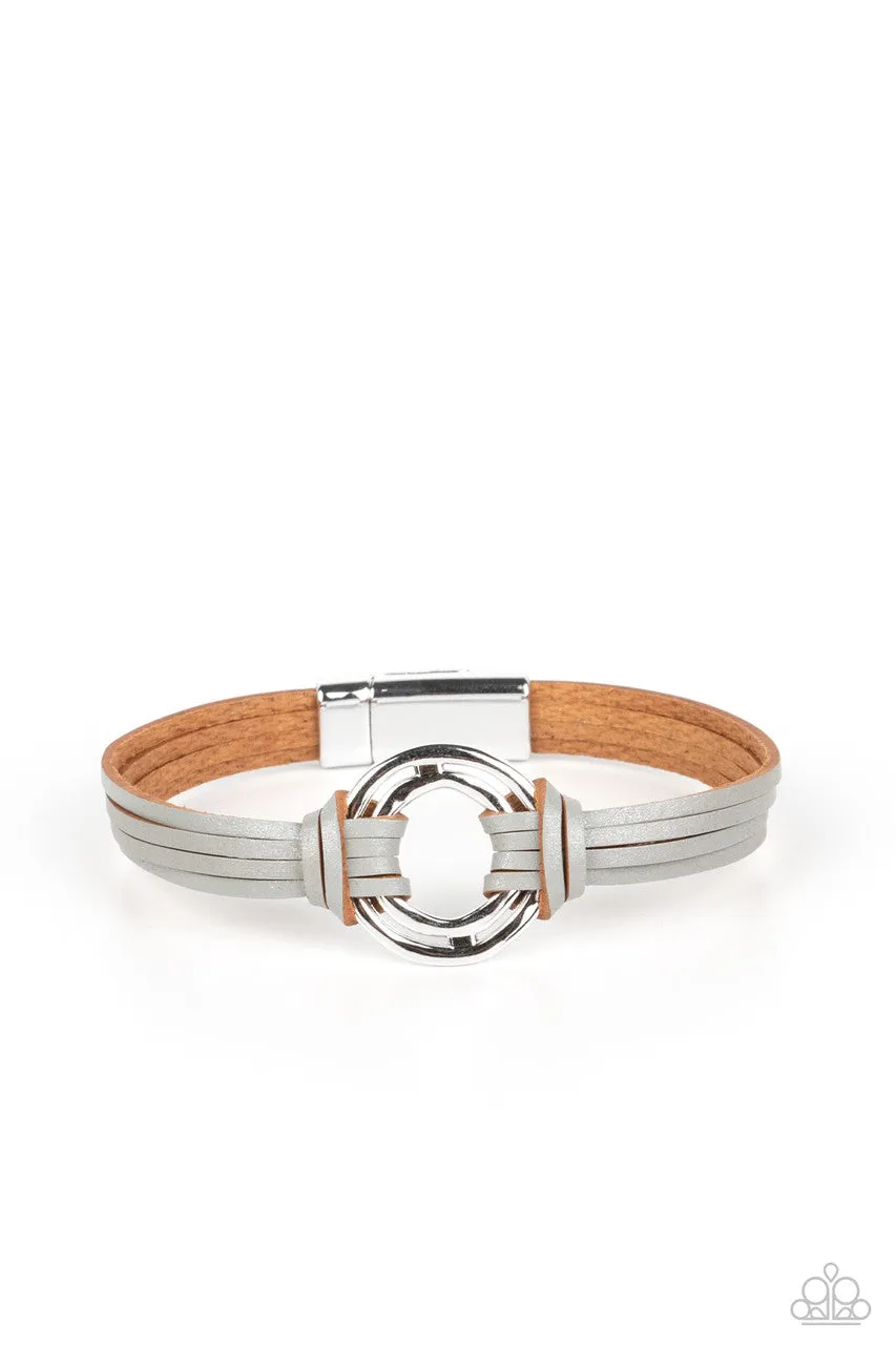 Free Range Fashion - Silver - Gray Leather Silver Ring Paparazzi Magnetic Bracelet