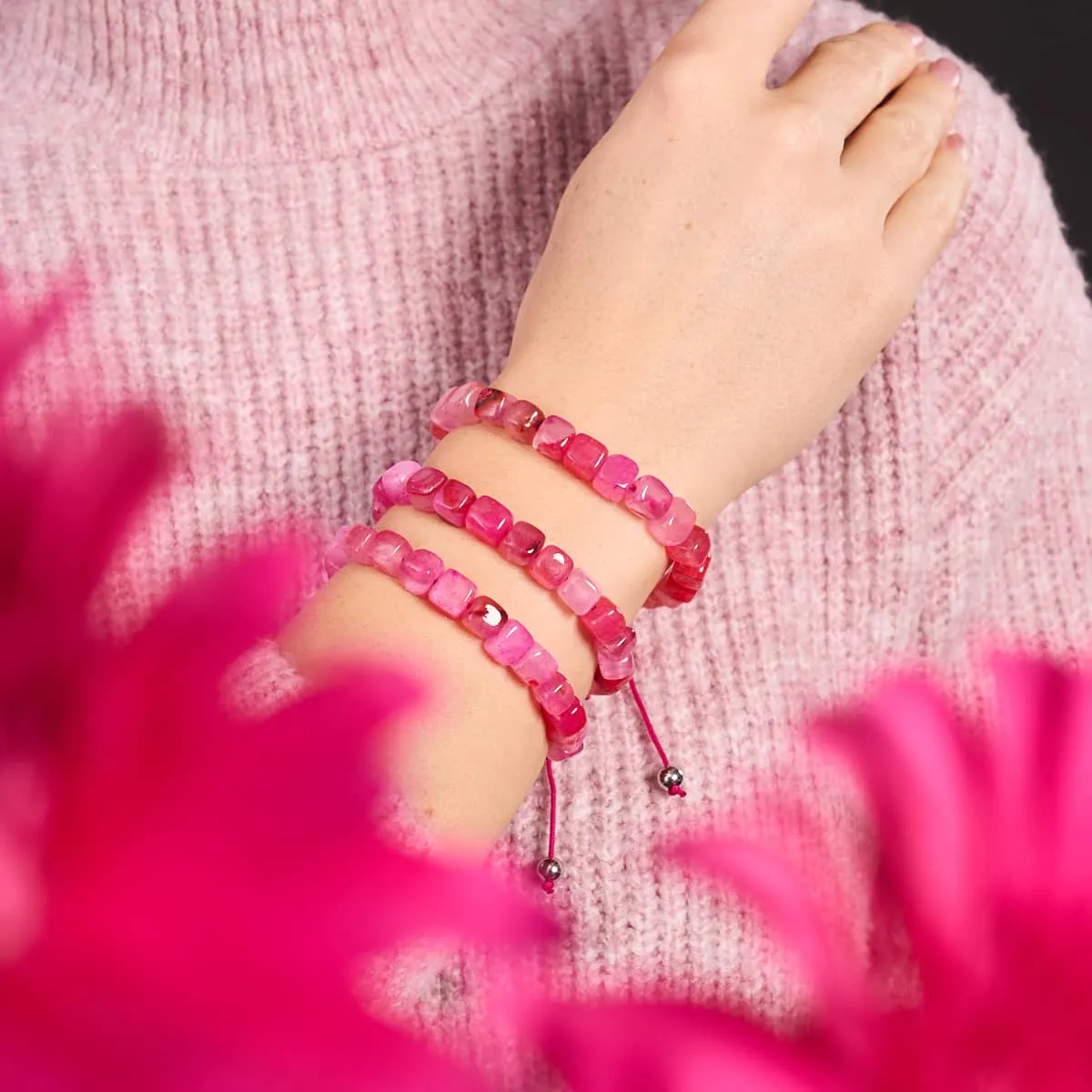 Fuchsia Agate | Silver | Gemstone Pebble Macrame Bracelet