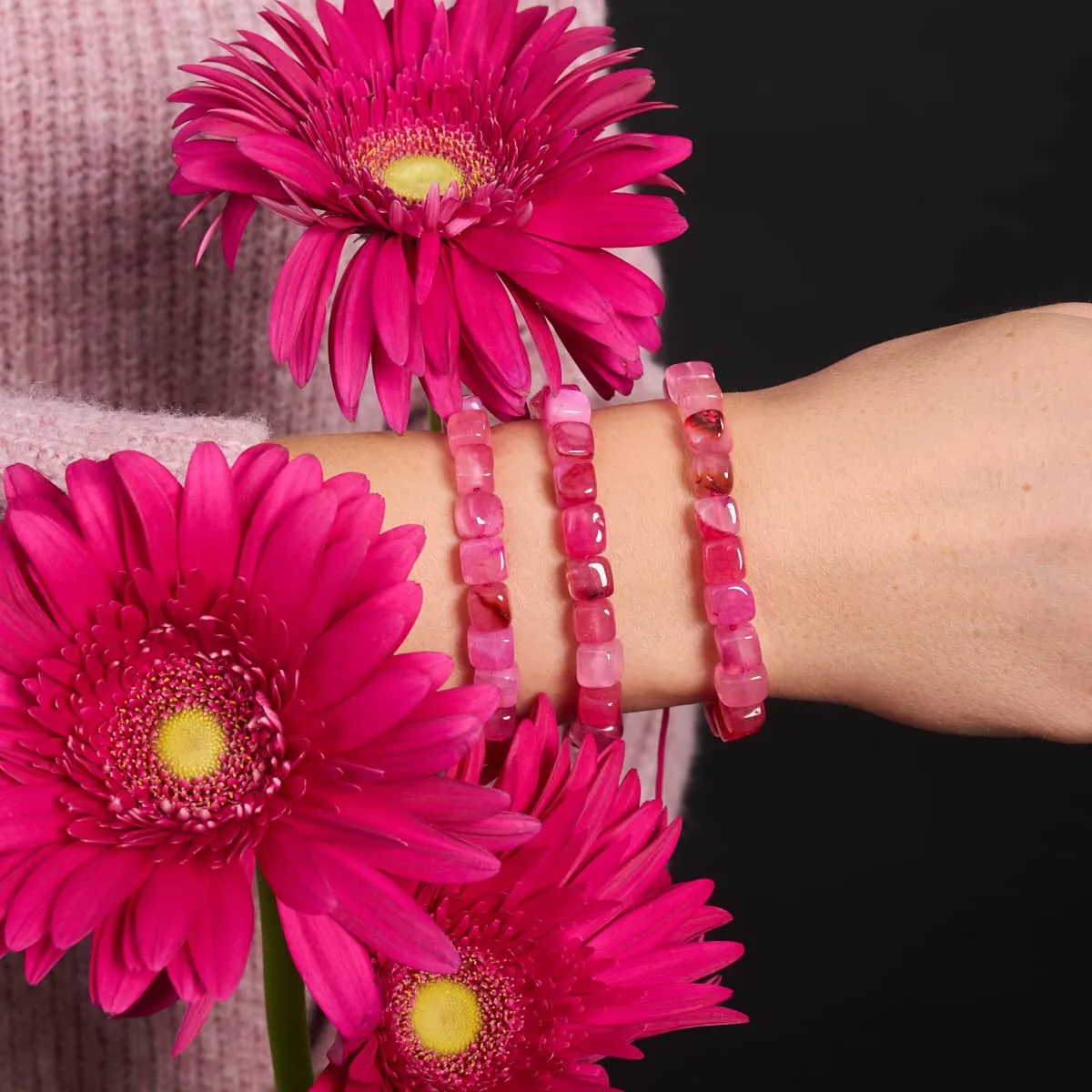 Fuchsia Agate | Silver | Gemstone Pebble Macrame Bracelet