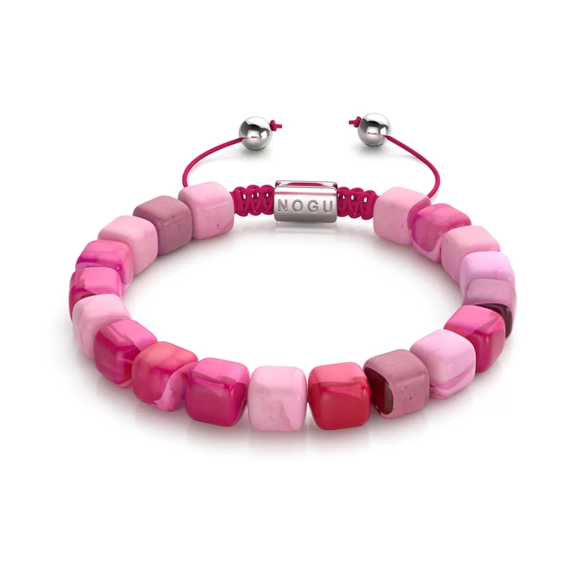 Fuchsia Agate | Silver | Gemstone Pebble Macrame Bracelet