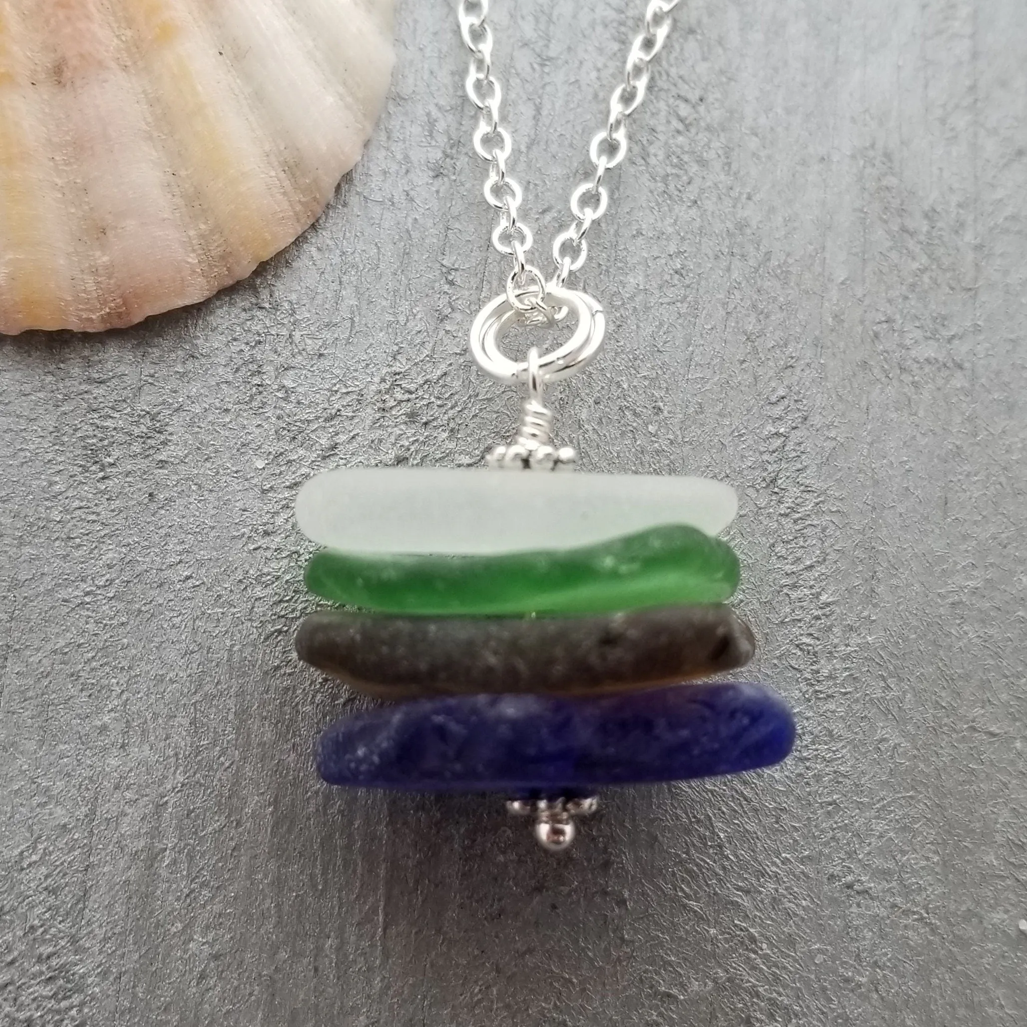 Genuine surf tumbled natural quad stack sea glass necklace. Handmade in Hawaii, Sea glass jewelry.