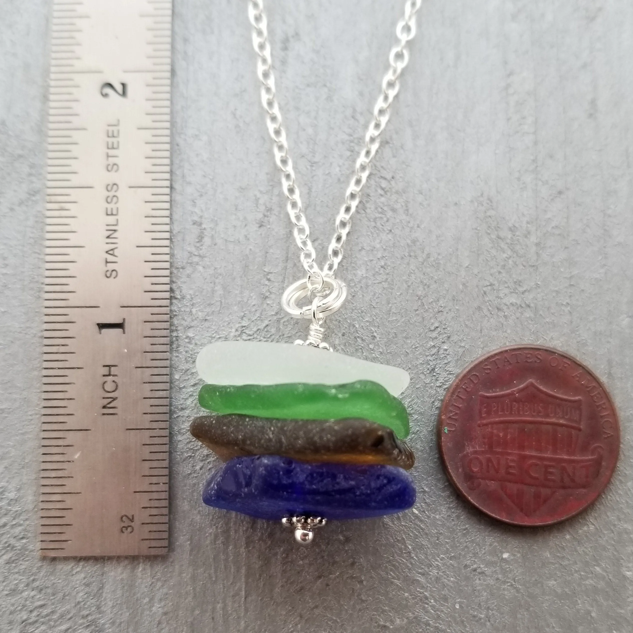 Genuine surf tumbled natural quad stack sea glass necklace. Handmade in Hawaii, Sea glass jewelry.