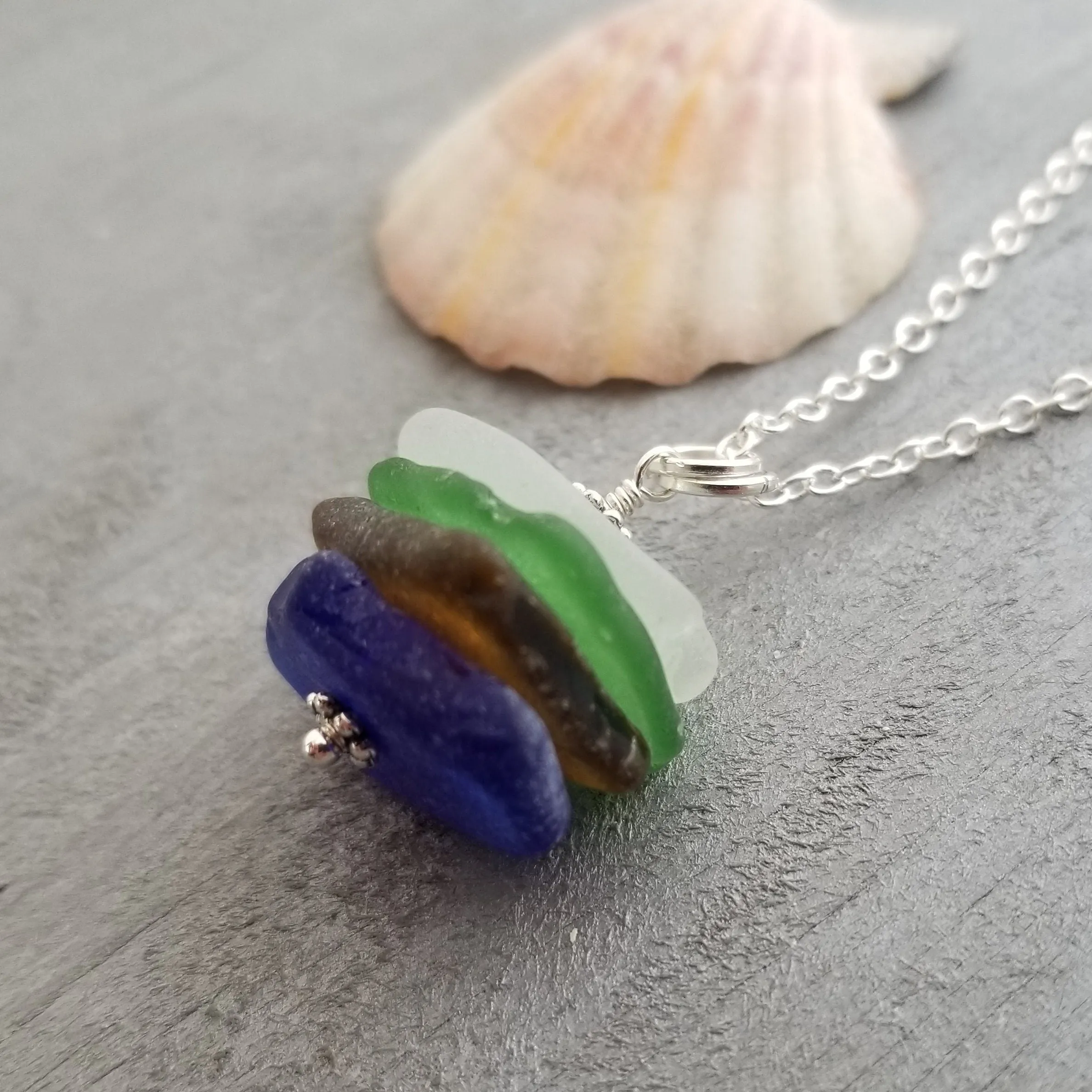 Genuine surf tumbled natural quad stack sea glass necklace. Handmade in Hawaii, Sea glass jewelry.