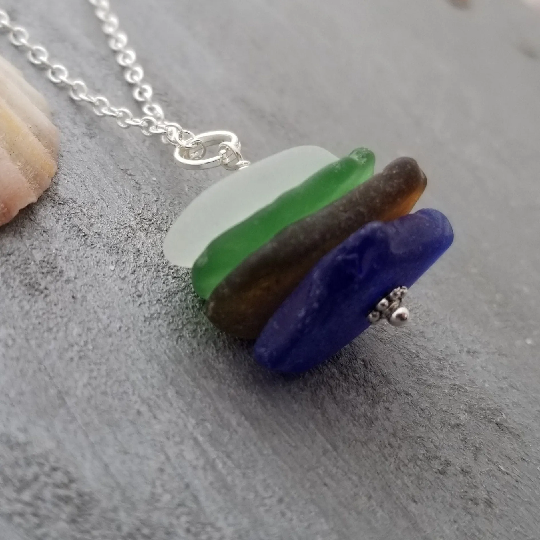 Genuine surf tumbled natural quad stack sea glass necklace. Handmade in Hawaii, Sea glass jewelry.