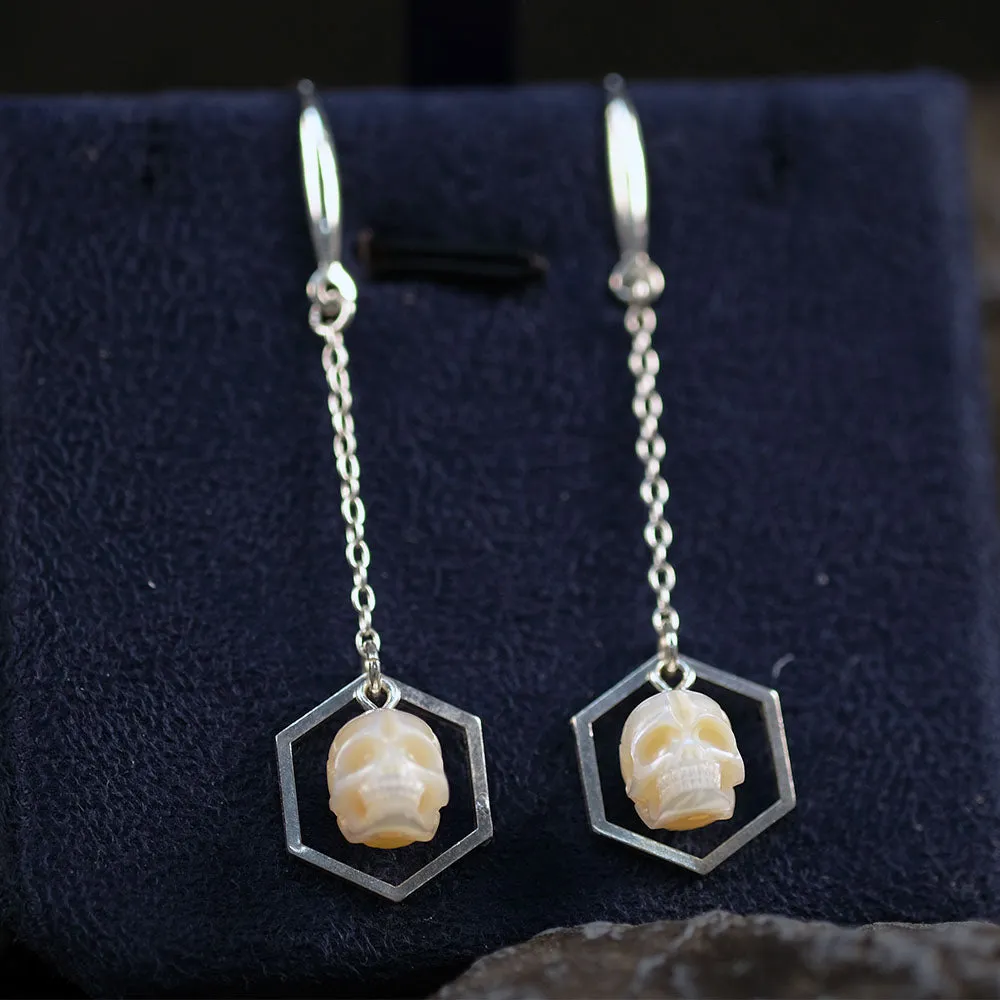 Geometric Hexagonal Pearl Skull Drop Earrings