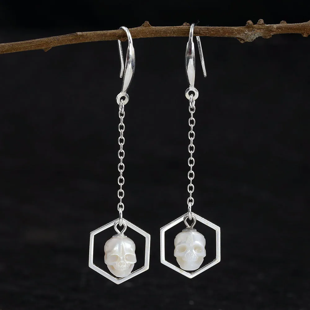 Geometric Hexagonal Pearl Skull Drop Earrings