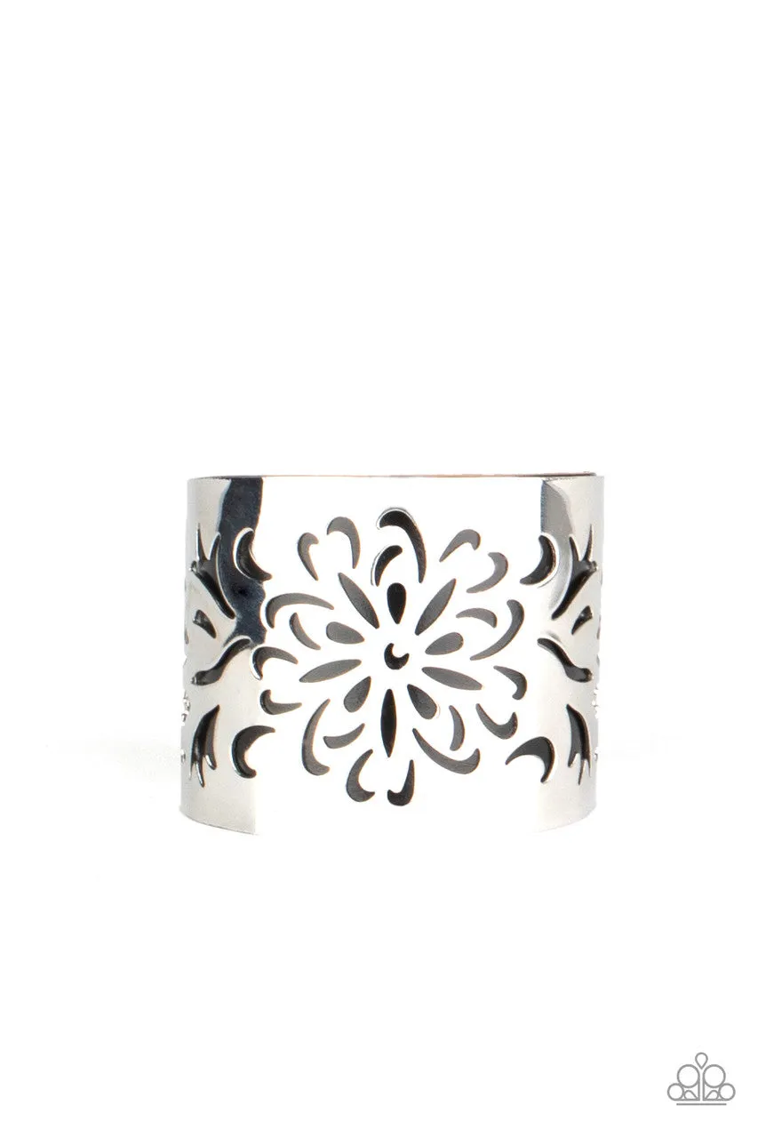 Get Your Bloom On - Black - Leather Silver Flower Overlay Paparazzi Cuff Bracelet