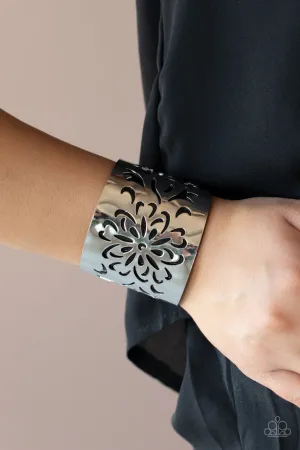 Get Your Bloom On - Black - Leather Silver Flower Overlay Paparazzi Cuff Bracelet