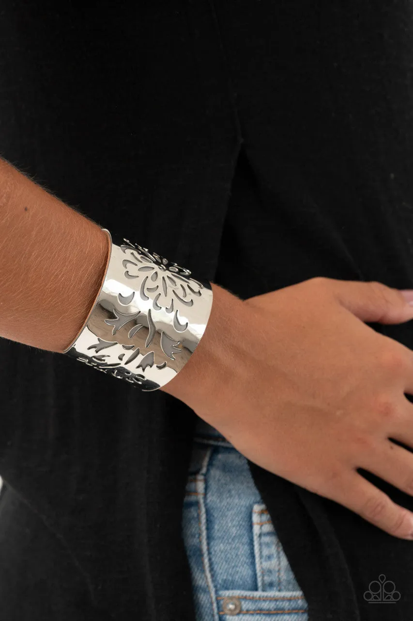 Get Your Bloom On - Silver - Flower Overlay Gray Leather Paparazzi Cuff Bracelet