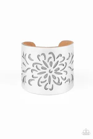 Get Your Bloom On - Silver - Flower Overlay Gray Leather Paparazzi Cuff Bracelet
