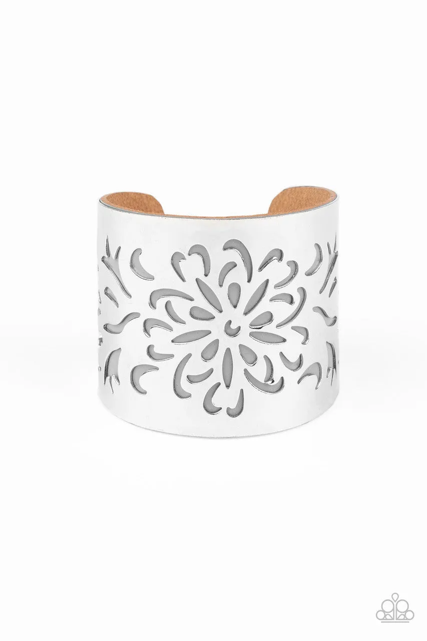 Get Your Bloom On - Silver - Flower Overlay Gray Leather Paparazzi Cuff Bracelet