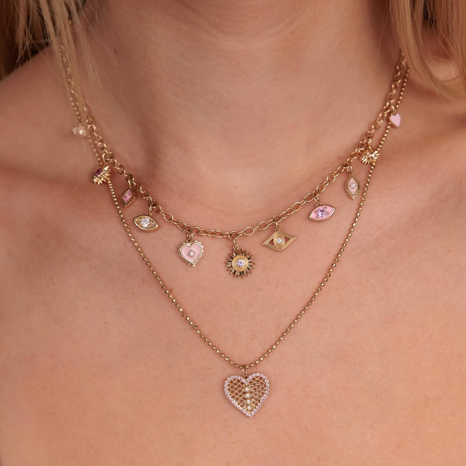Gold & Diamond Fishnet Heart Charm