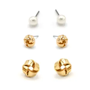 GOLD AND PEARL 3 PAIR EARRINGS SET#SQGN1031-0002G