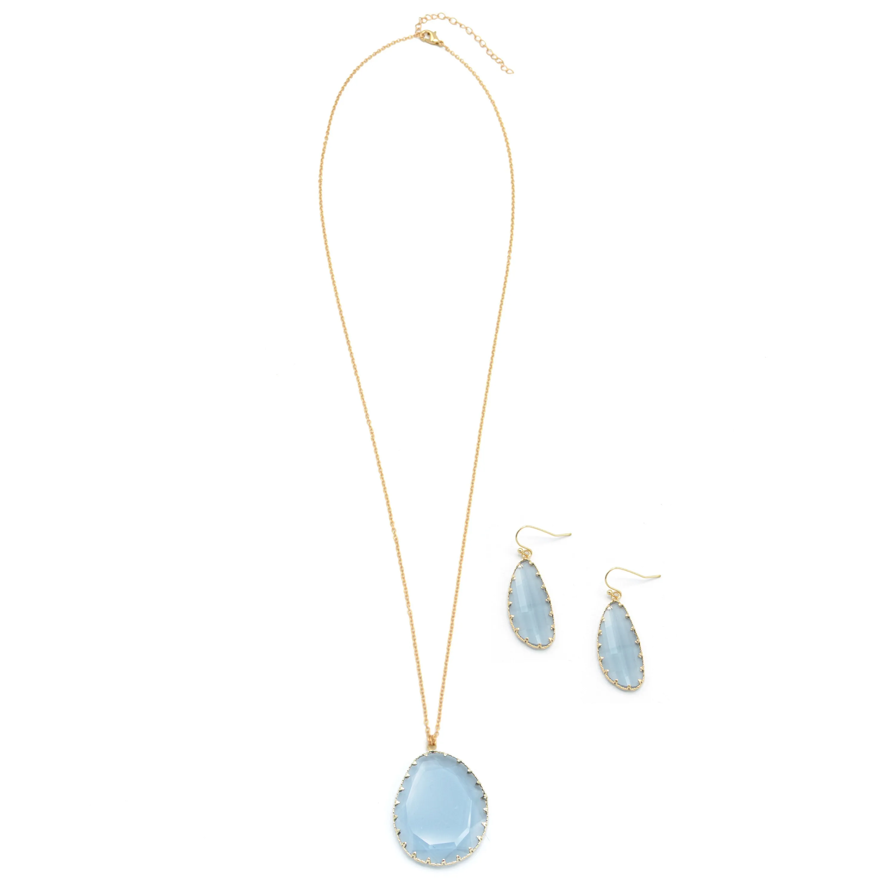 GOLD BLUE CRYSTAL PENDANT NECKLACE AND EARRINGS SET# SW-YGX18101120GBLU (LH9)