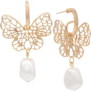 Gold Butterfly Faux Pearl Dangle Earrings