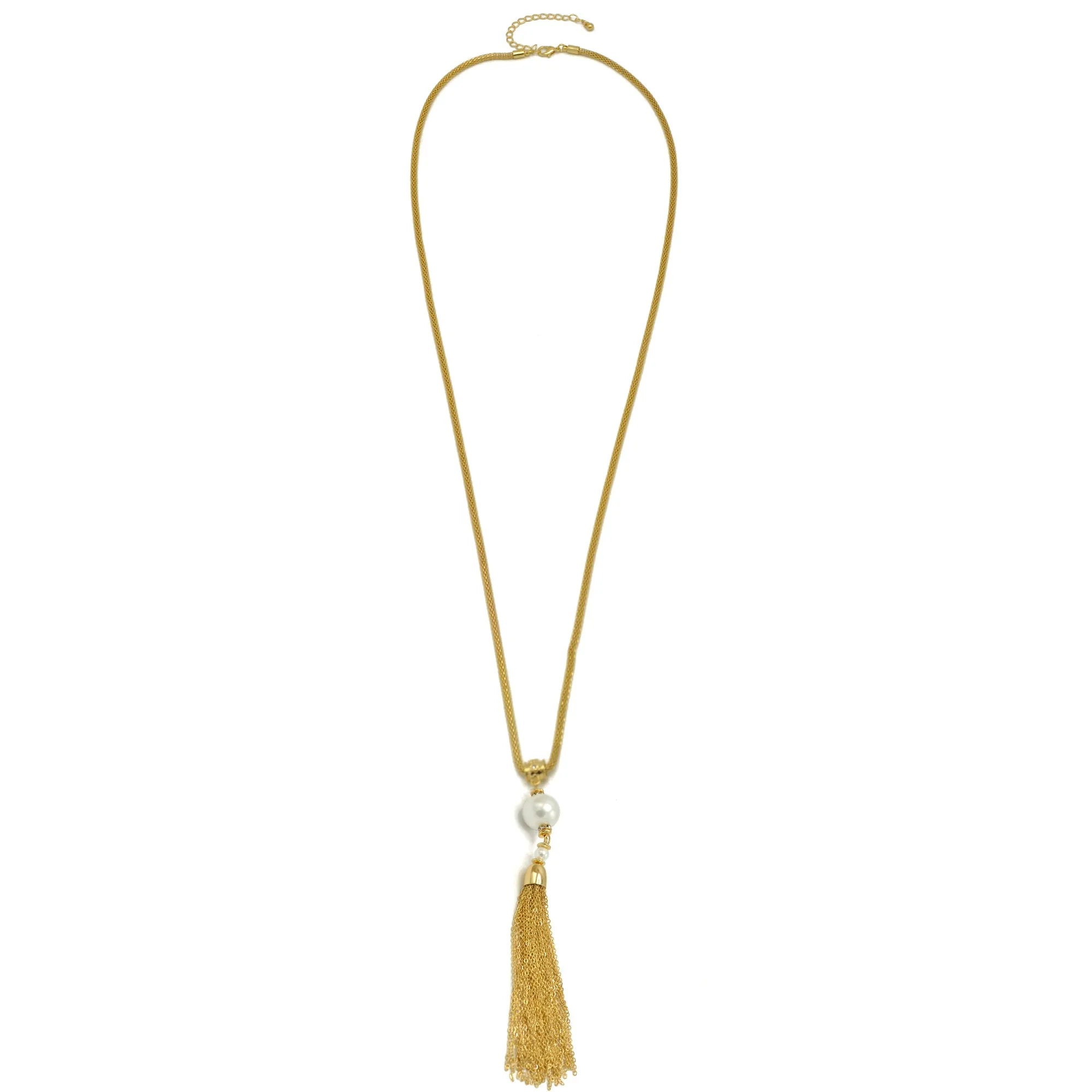 Gold crystal and Cream Pearl long Tassel Necklace #SQ321-1026626G (ID4/OC2)
