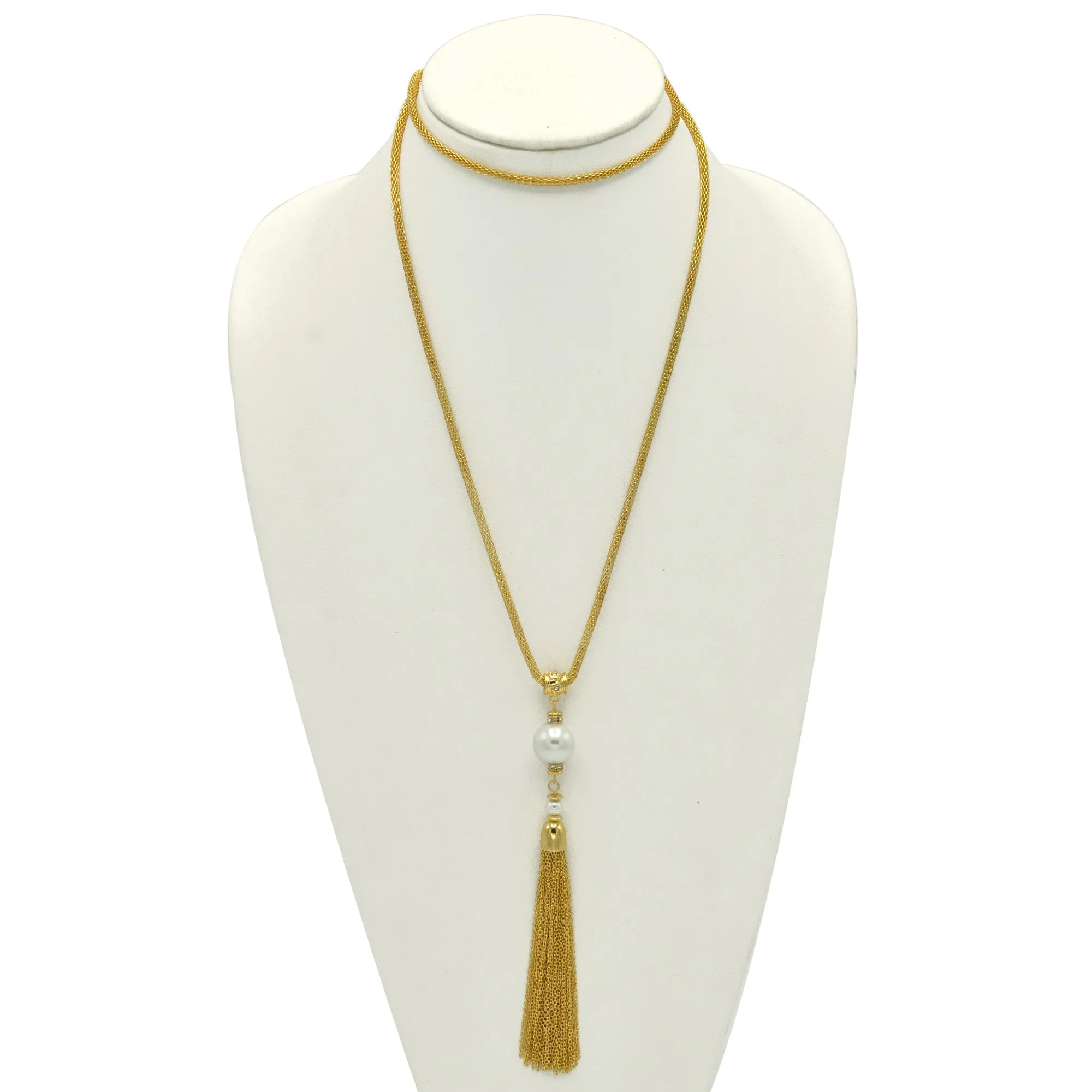 Gold crystal and Cream Pearl long Tassel Necklace #SQ321-1026626G (ID4/OC2)