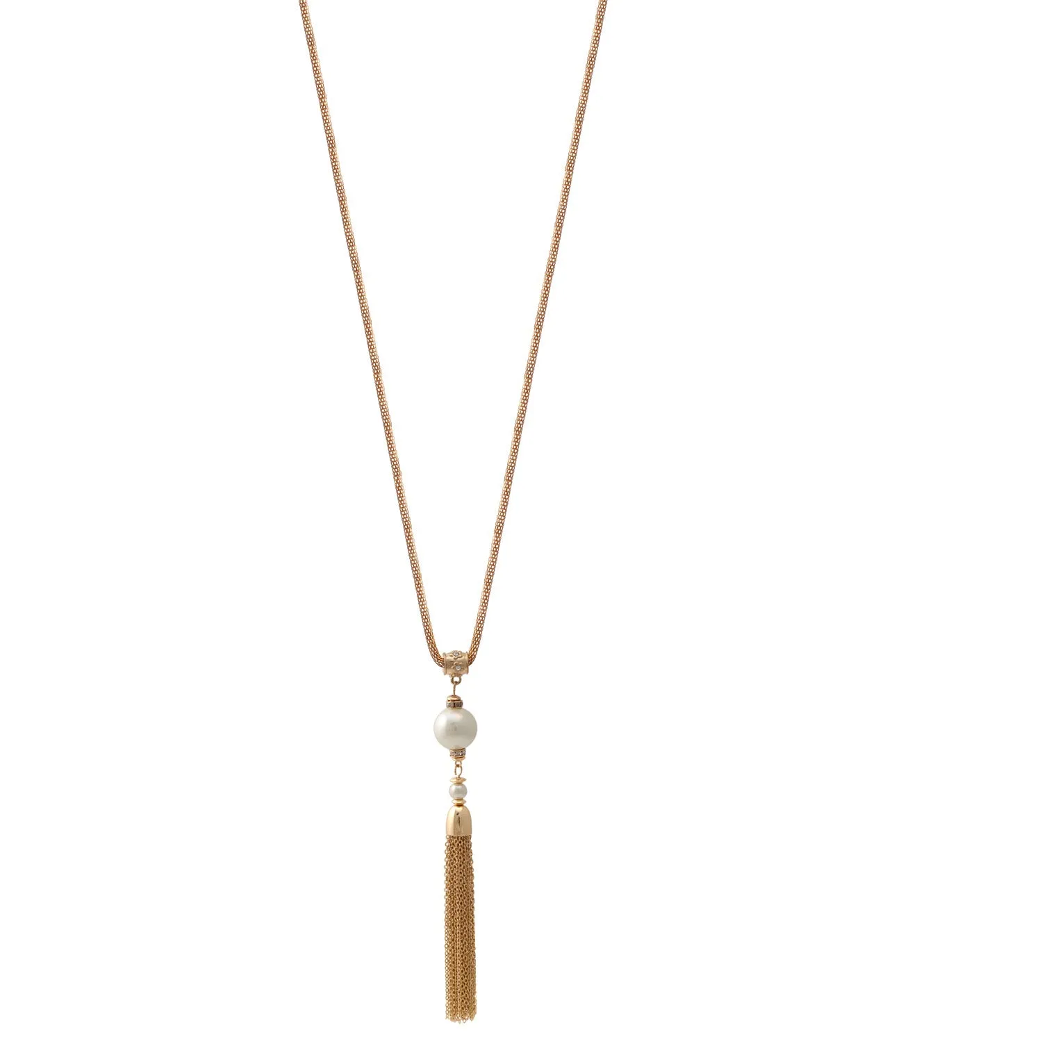 Gold crystal and Cream Pearl long Tassel Necklace #SQ321-1026626G (ID4/OC2)
