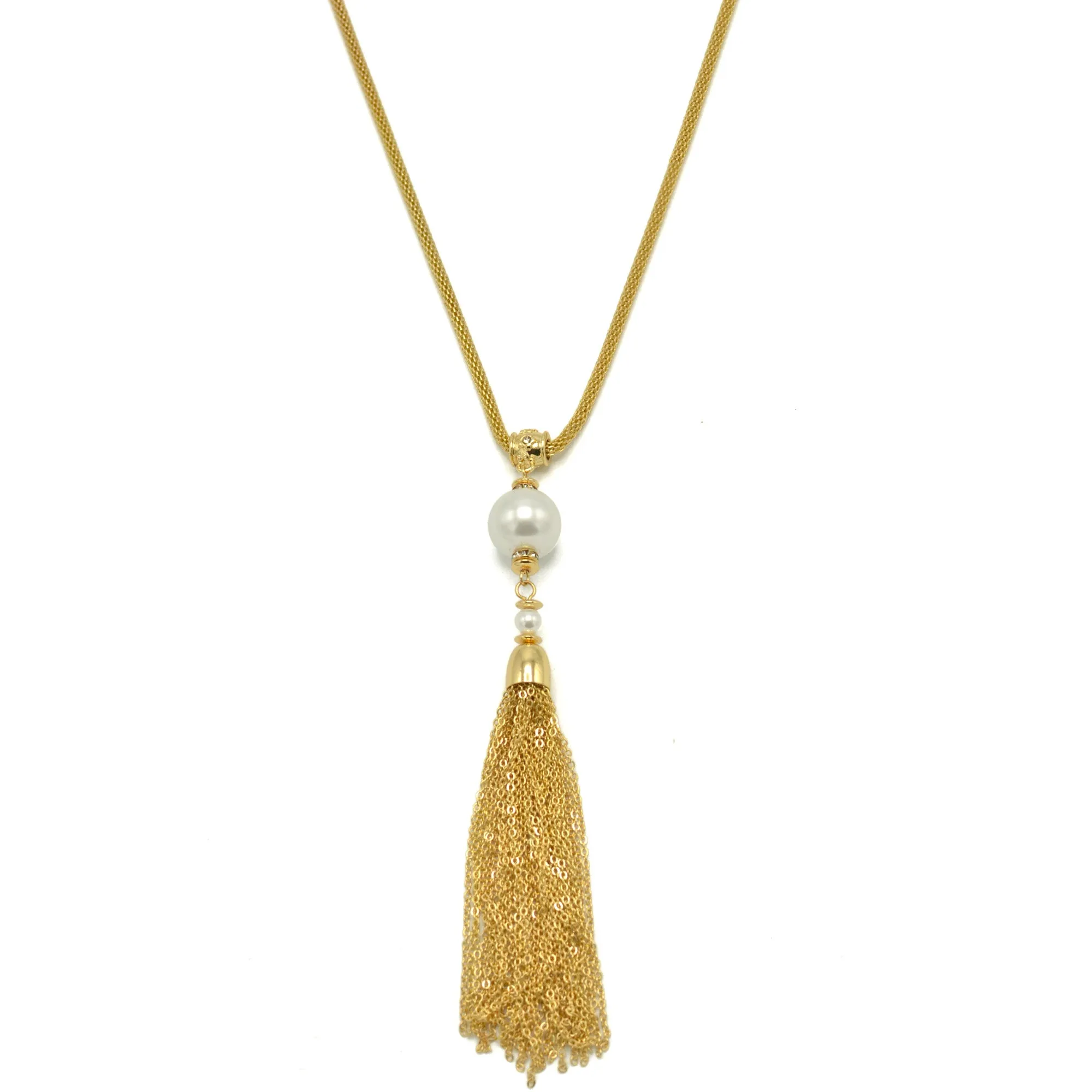 Gold crystal and Cream Pearl long Tassel Necklace #SQ321-1026626G (ID4/OC2)