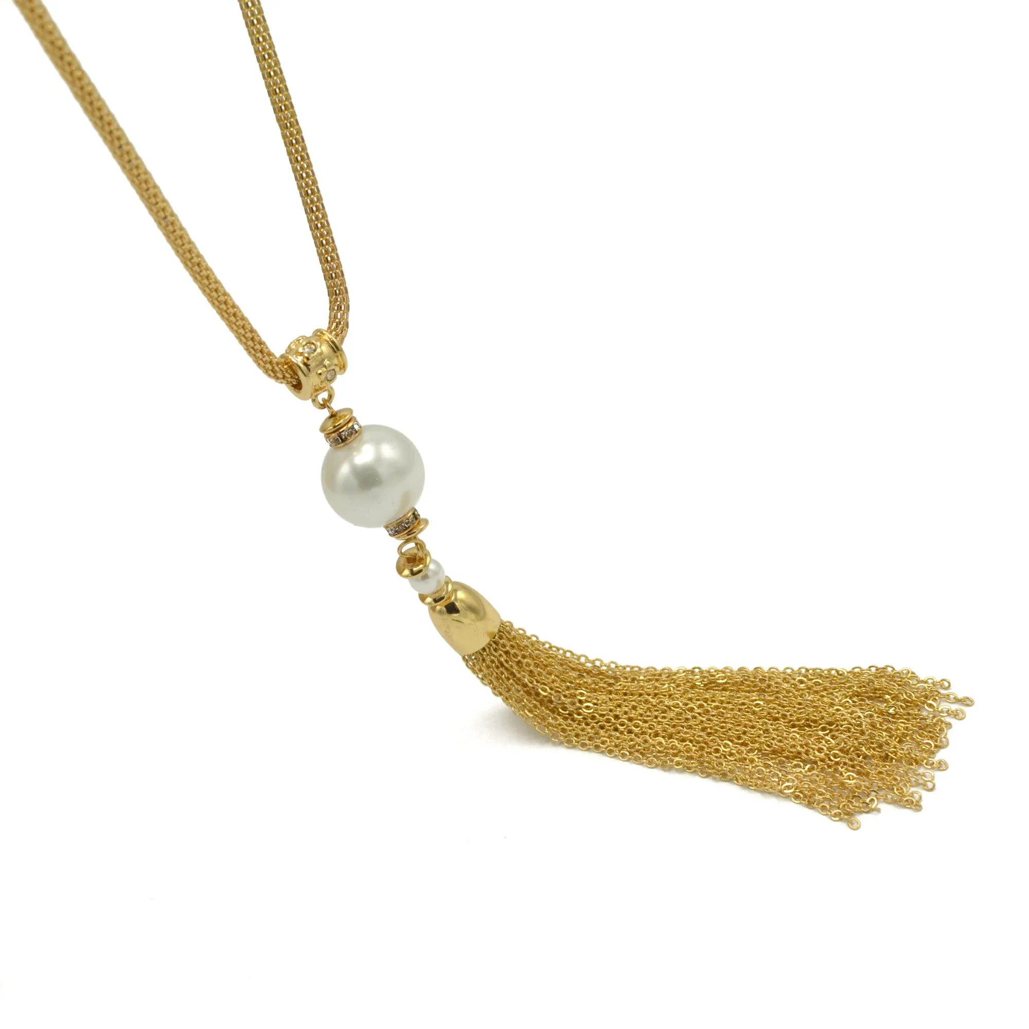Gold crystal and Cream Pearl long Tassel Necklace #SQ321-1026626G (ID4/OC2)